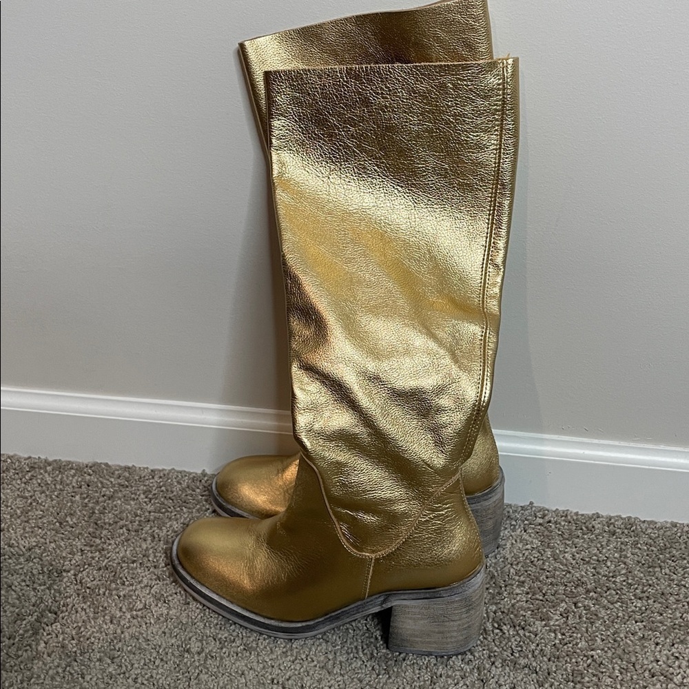 Free People | Women’s Essentials Tall Gold Metallic Leather Boots Size 6 NWOB - Picture 3 of 8